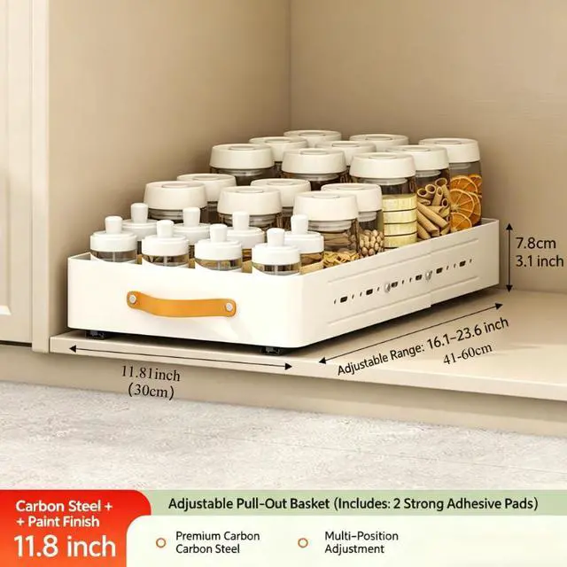 Main image of Adjustable PullOut Cabinet Storage Basket, Expandable SlideOut Drawer Organizer, EasyGrip Handle Kitchen Pantry Storage for Cabinets