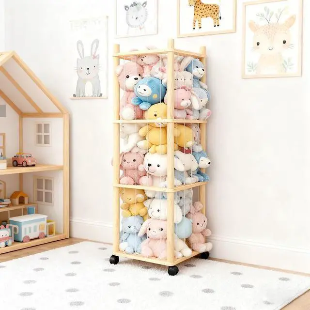 Main image of Rolling Stuffed Animal Storage Tower, Wooden 4Shelf Toy Holder with Mesh Panel, Kids Plush Doll Display Organizer for Playroom Bedroom