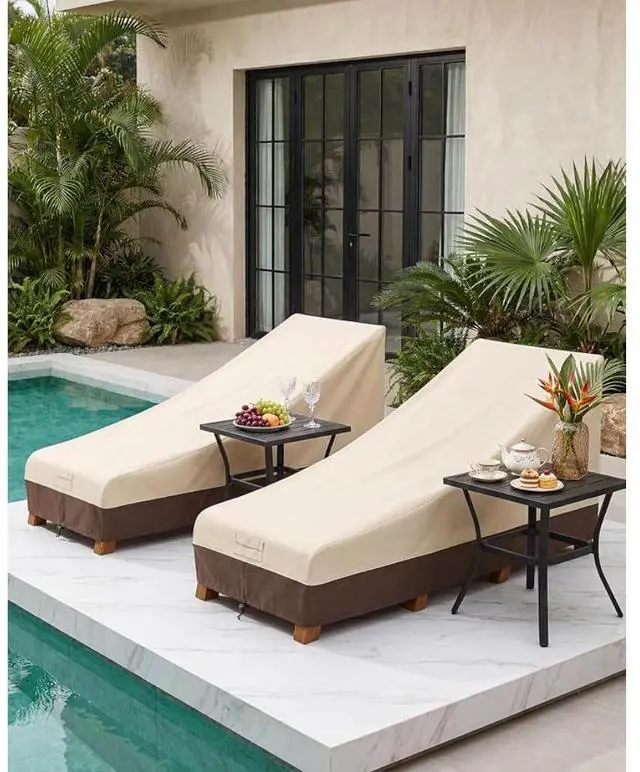 Main image of 2 Pack Outdoor Chaise Lounge Covers, HeavyDuty Oxford Fabric Waterproof UVResistant Beige & Brown Patio Recliner Furniture Protector