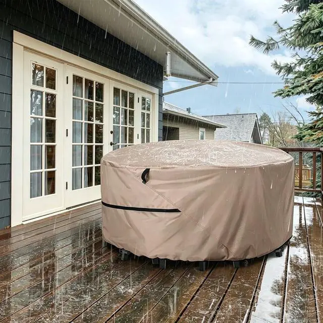 Main image of Round Patio Table Cover, HeavyDuty Oxford Fabric Waterproof UVResistant Khaki Outdoor Round Table Furniture Protector