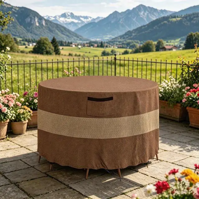 Main image of Round Patio Table Cover, HeavyDuty Oxford Fabric Waterproof UVResistant TwoTone Brown & Khaki Outdoor Round Table Chair Set Protector