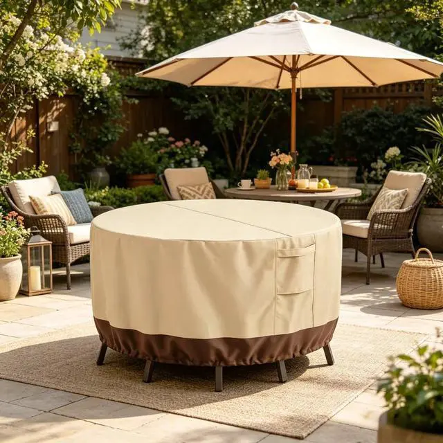 Main image of Round Patio Table Cover, HeavyDuty Oxford Fabric Waterproof UVResistant Beige & Brown Outdoor Round Table Chair Set Protector