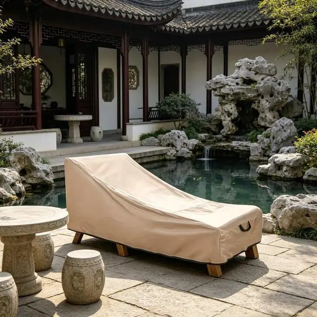 Main image of Outdoor Chaise Lounge Cover, HeavyDuty Khaki Oxford Fabric Waterproof UVResistant Patio Lounge Chair Protector with Side Handle
