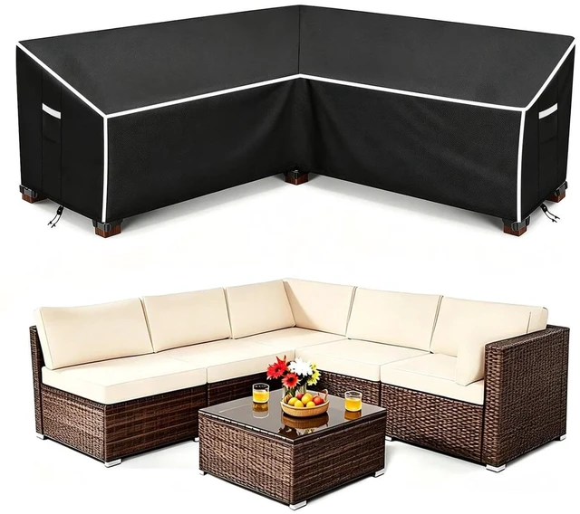 Main image of Black VShape LShaped Patio Sofa Cover, AluminumFilm Composite Oxford Cloth Protector for Outdoor Corner Sectional Sofa, Waterproof UVResistant
