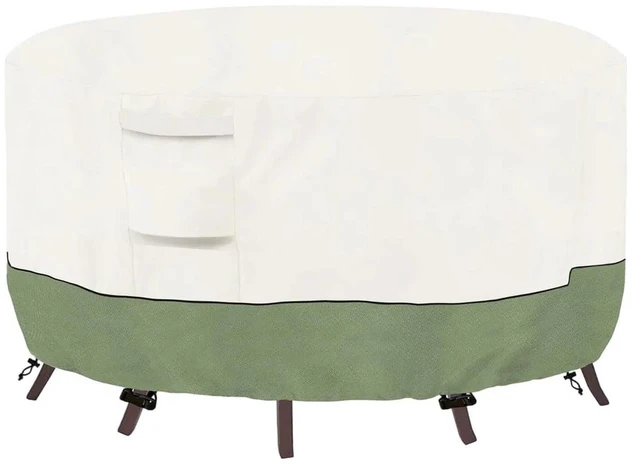 Main image of Beige & Green Twoone Outdoor Round Table Cover, Waterproof Oxford Fabric Patio Round Table Protector with Drawstring and Buckle Straps