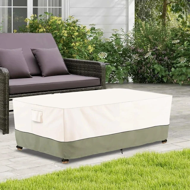 Main image of Beige & Green Twoone Outdoor Rectangular Furniture Cover, Waterproof Oxford Fabric Patio Coffee Table Bench Protector with Drawstring