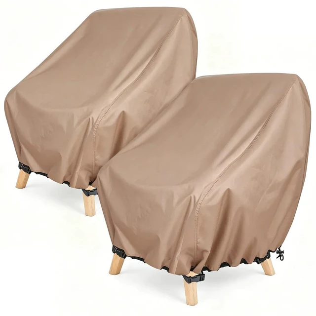 Main image of 2 Pack Khaki Outdoor Chair Cover, HeavyDuty Oxford Fabric Patio Single Armchair Protector with Drawstring & Buckle