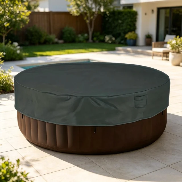 Main image of Black Round Hot Tub Cover, HeavyDuty Oxford Fabric Outdoor Inflatable SPA Bathtub Protector with Side Handles