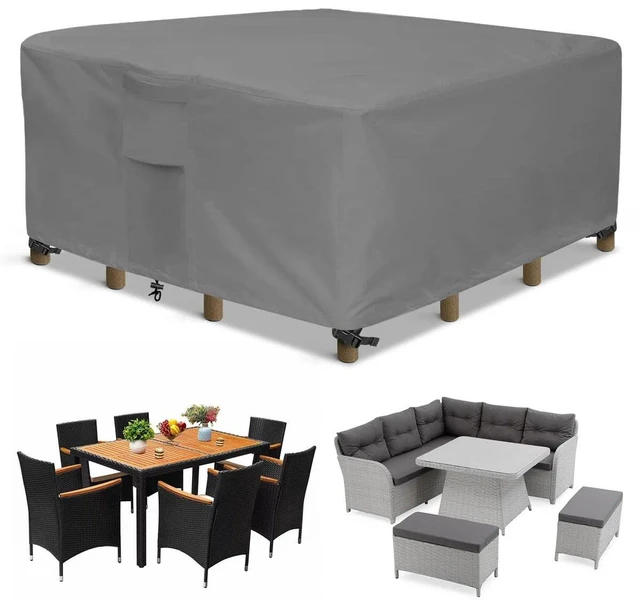 Main image of Grey Square Patio Furniture Set Cover, HeavyDuty Oxford Fabric Waterproof UVResistant Outdoor Square Sofa Table Chair Protector with Storage Pocket