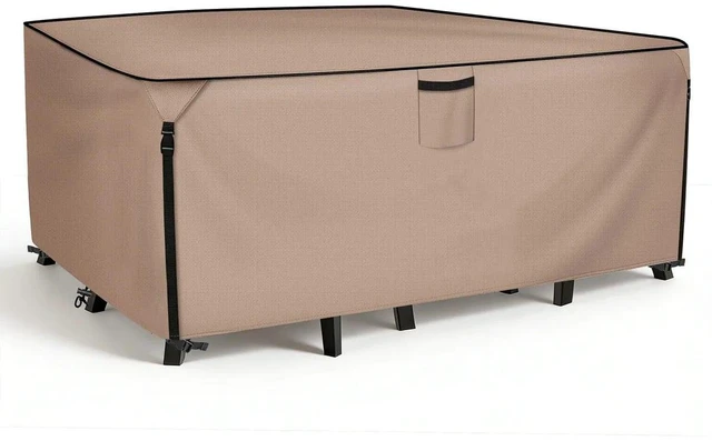 Main image of Khaki Rectangle Patio Furniture Set Cover, HeavyDuty Oxford Fabric Waterproof UVResistant Outdoor Rectangular Sofa Table Chair Protector with Storage Pocket