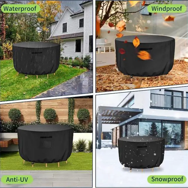 Alt view image 5 of 5 - Round Patio Furniture Cover, HeavyDuty Oxford Fabric Outdoor Round Table Chair Set Protector, Waterproof UVTear Resistant AllWeather Cover with Adjustable Buckle Straps & Side Handle, Black