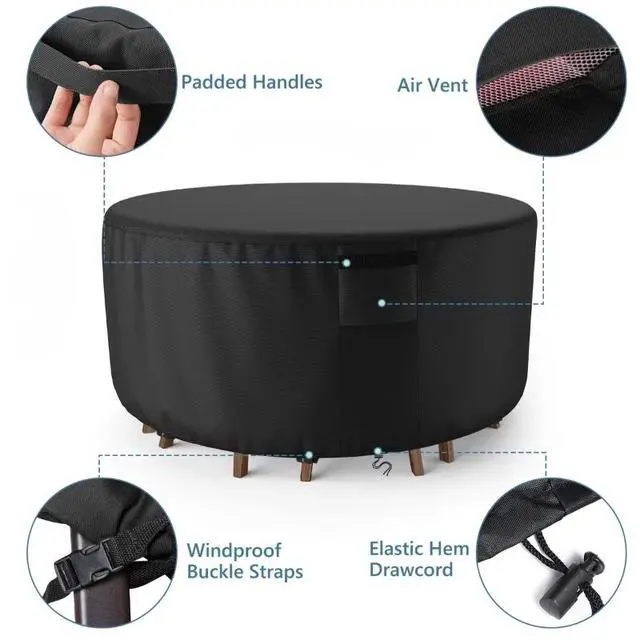 Alt view image 4 of 5 - Round Patio Furniture Cover, HeavyDuty Oxford Fabric Outdoor Round Table Chair Set Protector, Waterproof UVTear Resistant AllWeather Cover with Adjustable Buckle Straps & Side Handle, Black