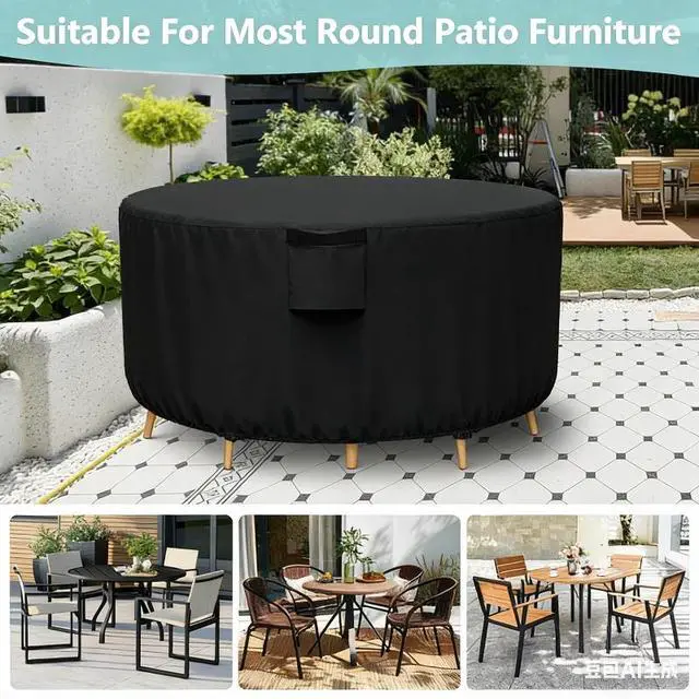 Alt view image 2 of 5 - Round Patio Furniture Cover, HeavyDuty Oxford Fabric Outdoor Round Table Chair Set Protector, Waterproof UVTear Resistant AllWeather Cover with Adjustable Buckle Straps & Side Handle, Black