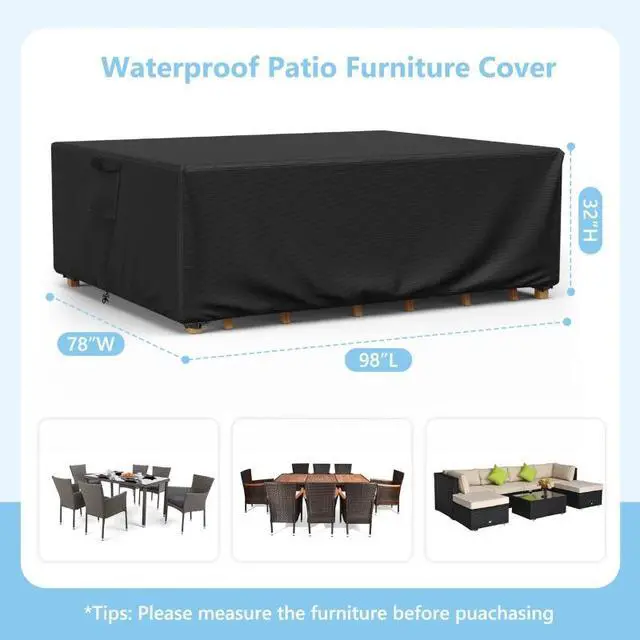Alt view image 3 of 6 - Rectangular Patio Furniture Set Cover, HeavyDuty Oxford Fabric Outdoor Table & Chair Set Protector, Waterproof UVTear Resistant AllWeather Cover with Adjustable Buckle Straps & Side Handle, Black