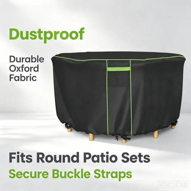 Alt view image 2 of 6 - Black Round Patio Table Cover, Tear Resistant Anti-UV All Season Outdoor Protector, Durable Furniture Cover for Garden Round Table and Chair Sets