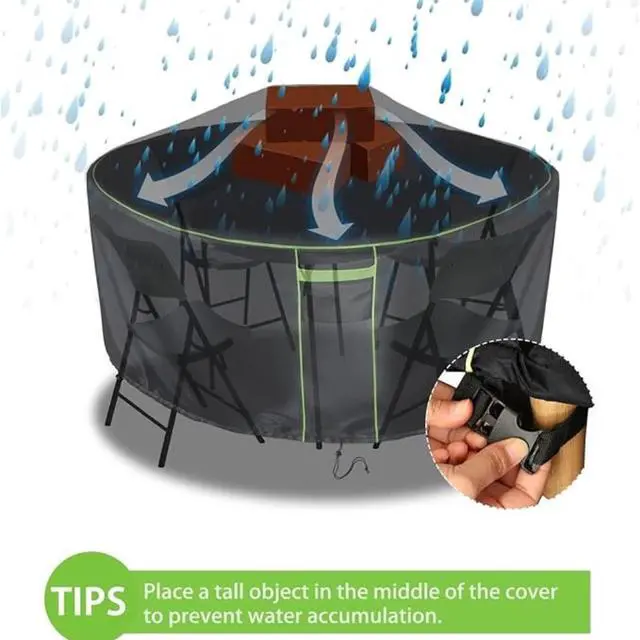 Alt view image 5 of 6 - Black Round Patio Table Cover, Tear Resistant Anti-UV All Season Outdoor Protector, Durable Furniture Cover for Garden Round Table and Chair Sets