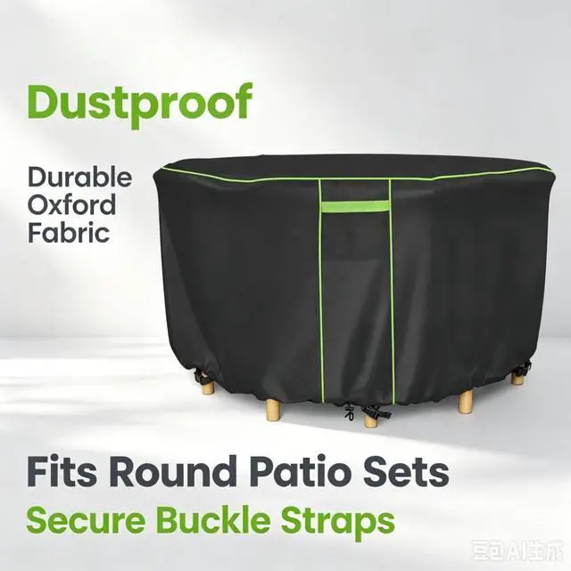 Alt view image 3 of 5 - Black Round Patio Table Cover, Tear Resistant Anti-UV All Season Outdoor Protector, Durable Furniture Cover for Garden Round Table and Chair Sets