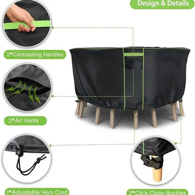 Alt view image 4 of 5 - Black Round Patio Table Cover, Tear Resistant Anti-UV All Season Outdoor Protector, Durable Furniture Cover for Garden Round Table and Chair Sets