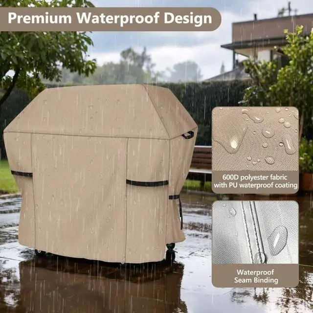 Alt view image 3 of 5 - HeavyDuty Beige BBQ Grill Cover, Waterproof UV Resistant Oxford Cloth Outdoor Barbecue Protector, Windproof Design with Handles, Buckle Straps & Drawstring for Patio Backyard