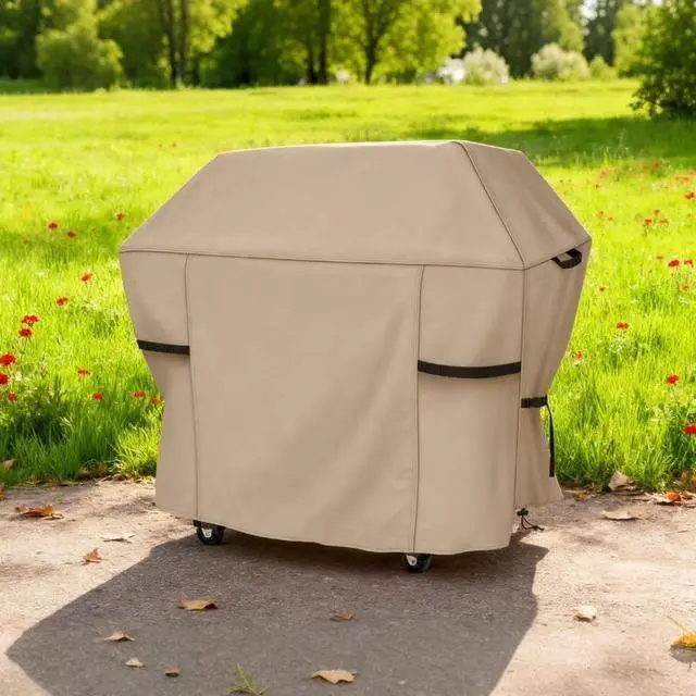 Main image of HeavyDuty Beige BBQ Grill Cover, Waterproof UV Resistant Oxford Cloth Outdoor Barbecue Protector, Windproof Design with Handles, Buckle Straps & Drawstring for Patio Backyard