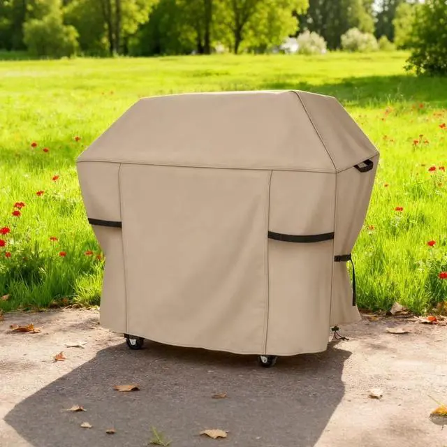 Alt view image 2 of 5 - HeavyDuty Beige BBQ Grill Cover, Waterproof UV Resistant Oxford Cloth Outdoor Barbecue Protector, Windproof Design with Handles, Buckle Straps & Drawstring for Patio Backyard