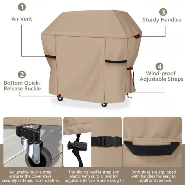 Alt view image 4 of 5 - HeavyDuty Beige BBQ Grill Cover, Waterproof UV Resistant Oxford Cloth Outdoor Barbecue Protector, Windproof Design with Handles, Buckle Straps & Drawstring for Patio Backyard