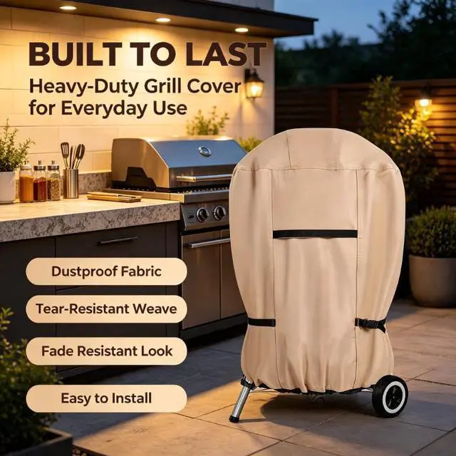 Main image of Khaki Kettle Charcoal Grill Cover, HeavyDuty Waterproof Oxford Cloth Outdoor Round BBQ Protector, UV & Tear Resistant Windproof with Handles, Buckles & Drawstring for Patio Backyard