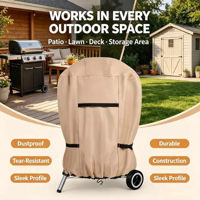 Alt view image 5 of 6 - Khaki Kettle Charcoal Grill Cover, HeavyDuty Waterproof Oxford Cloth Outdoor Round BBQ Protector, UV & Tear Resistant Windproof with Handles, Buckles & Drawstring for Patio Backyard
