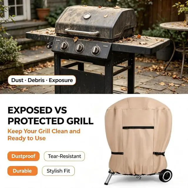 Alt view image 6 of 6 - Khaki Kettle Charcoal Grill Cover, HeavyDuty Waterproof Oxford Cloth Outdoor Round BBQ Protector, UV & Tear Resistant Windproof with Handles, Buckles & Drawstring for Patio Backyard