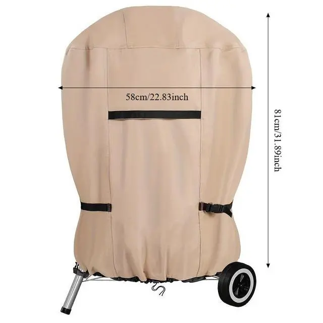 Alt view image 4 of 7 - Khaki Kettle Charcoal Grill Cover, HeavyDuty Waterproof Oxford Cloth Outdoor Round BBQ Protector, UV & Tear Resistant Windproof with Handles, Buckles & Drawstring for Patio Backyard