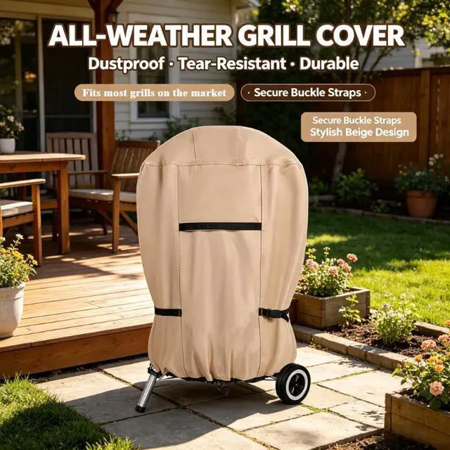 Main image of Khaki Kettle Charcoal Grill Cover, HeavyDuty Waterproof Oxford Cloth Outdoor Round BBQ Protector, UV & Tear Resistant Windproof with Handles, Buckles & Drawstring for Patio Backyard