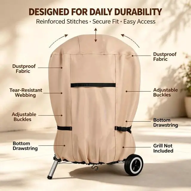 Alt view image 5 of 7 - Khaki Kettle Charcoal Grill Cover, HeavyDuty Waterproof Oxford Cloth Outdoor Round BBQ Protector, UV & Tear Resistant Windproof with Handles, Buckles & Drawstring for Patio Backyard