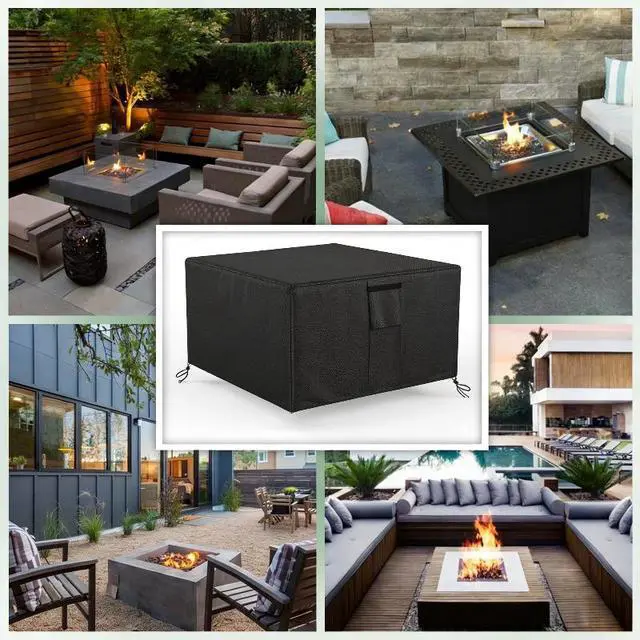 Alt view image 2 of 5 - Black Square Outdoor Fire Pit Cover, HeavyDuty Waterproof Oxford Cloth Fire Table Protector, UV & Tear Resistant Windproof with Handles, Storage Pocket & Drawstring for Patio Backyard