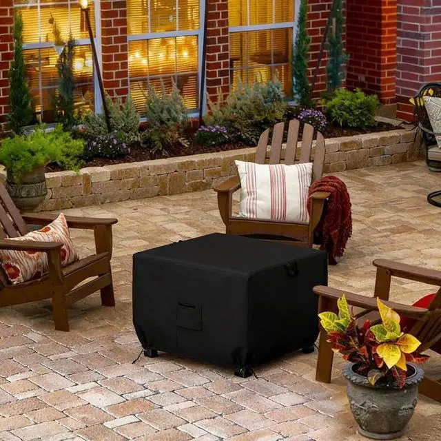 Alt view image 3 of 5 - Black Square Outdoor Fire Pit Cover, HeavyDuty Waterproof Oxford Cloth Fire Table Protector, UV & Tear Resistant Windproof with Handles, Storage Pocket & Drawstring for Patio Backyard