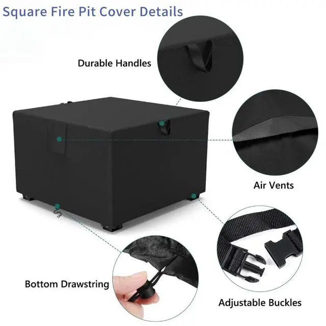 Alt view image 4 of 5 - Black Square Outdoor Fire Pit Cover, HeavyDuty Waterproof Oxford Cloth Fire Table Protector, UV & Tear Resistant Windproof with Handles, Storage Pocket & Drawstring for Patio Backyard