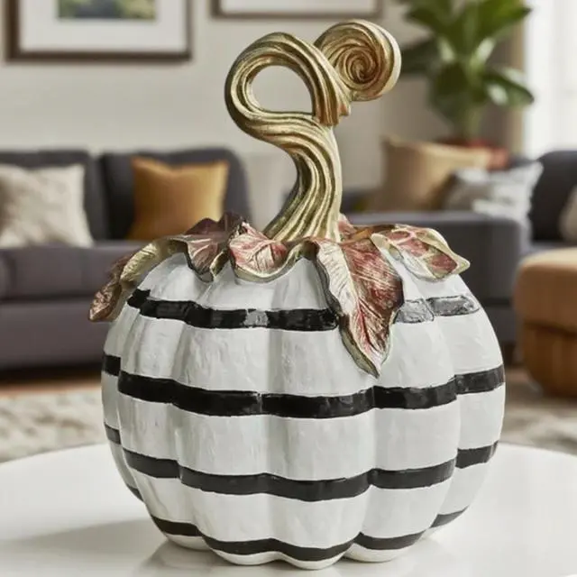 Alt view image 2 of 6 - Charming Resin Pumpkin Ornament, Black White Plaid Pumpkin Tabletop Decor, Multipurpose Indoor Outdoor Home Centerpiece for Halloween Thanksgiving Fall Decor