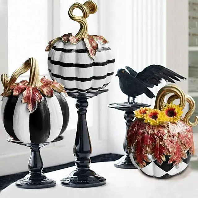 Alt view image 3 of 6 - Charming Resin Pumpkin Ornament, Black White Plaid Pumpkin Tabletop Decor, Multipurpose Indoor Outdoor Home Centerpiece for Halloween Thanksgiving Fall Decor