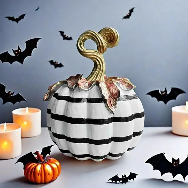 Alt view image 5 of 6 - Charming Resin Pumpkin Ornament, Black White Plaid Pumpkin Tabletop Decor, Multipurpose Indoor Outdoor Home Centerpiece for Halloween Thanksgiving Fall Decor