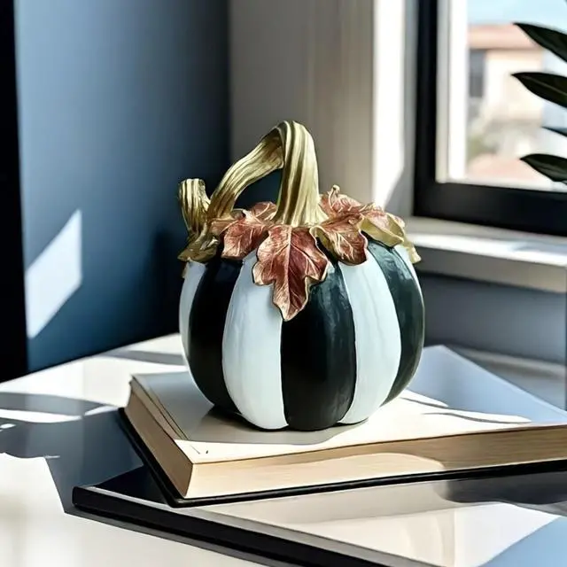 Alt view image 6 of 6 - Charming Resin Pumpkin Ornament, Black White Plaid Pumpkin Tabletop Decor, Multipurpose Indoor Outdoor Home Centerpiece for Halloween Thanksgiving Fall Decor
