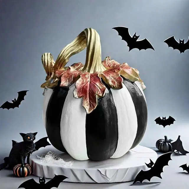 Alt view image 4 of 6 - Charming Resin Pumpkin Ornament, Black White Plaid Pumpkin Tabletop Decor, Multipurpose Indoor Outdoor Home Centerpiece for Halloween Thanksgiving Fall Decor