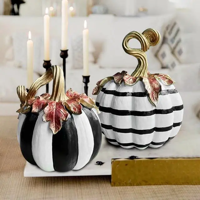 Alt view image 5 of 7 - Charming Resin Pumpkin Ornament, Black White Plaid Pumpkin Tabletop Decor, Multipurpose Indoor Outdoor Home Centerpiece for Halloween Thanksgiving Fall Decor