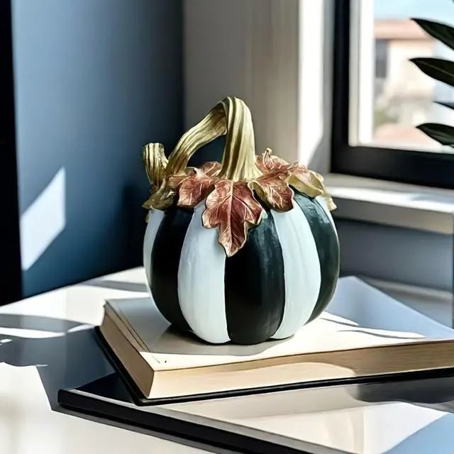 Alt view image 6 of 7 - Charming Resin Pumpkin Ornament, Black White Plaid Pumpkin Tabletop Decor, Multipurpose Indoor Outdoor Home Centerpiece for Halloween Thanksgiving Fall Decor