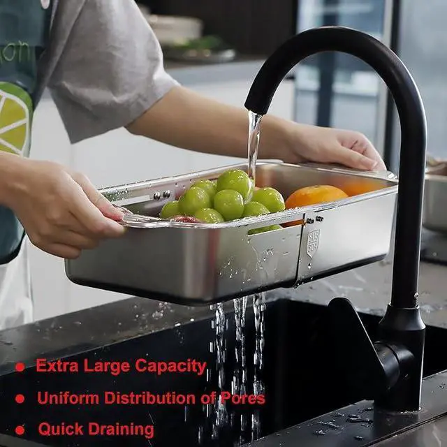 Alt view image 4 of 7 - Adjustable Expandable Sink Drain Basket, FoodGrade Stainless Steel Over Sink Colander with NonSlip Handles, Multipurpose Fruit Vegetable Washing Strainer Basin for Kitchen