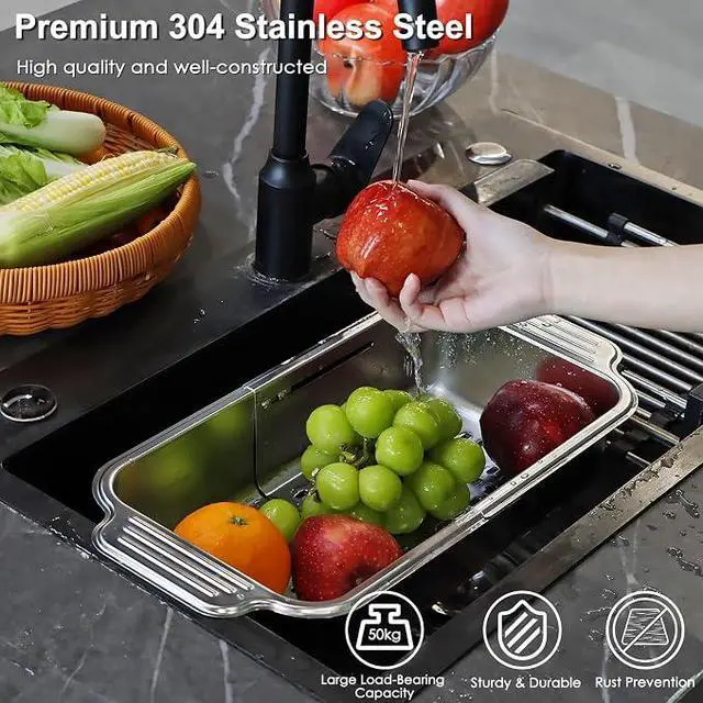 Alt view image 5 of 7 - Adjustable Expandable Sink Drain Basket, FoodGrade Stainless Steel Over Sink Colander with NonSlip Handles, Multipurpose Fruit Vegetable Washing Strainer Basin for Kitchen