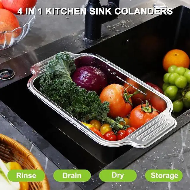 Alt view image 3 of 7 - Adjustable Expandable Sink Drain Basket, FoodGrade Stainless Steel Over Sink Colander with NonSlip Handles, Multipurpose Fruit Vegetable Washing Strainer Basin for Kitchen