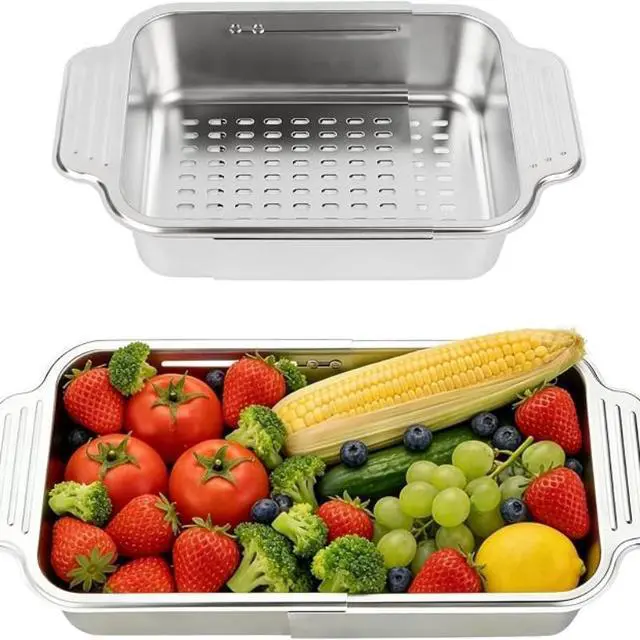 Alt view image 6 of 7 - Adjustable Expandable Sink Drain Basket, FoodGrade Stainless Steel Over Sink Colander with NonSlip Handles, Multipurpose Fruit Vegetable Washing Strainer Basin for Kitchen