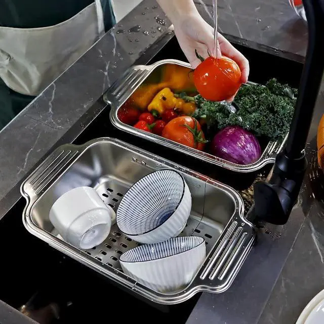 Alt view image 7 of 7 - Adjustable Expandable Sink Drain Basket, FoodGrade Stainless Steel Over Sink Colander with NonSlip Handles, Multipurpose Fruit Vegetable Washing Strainer Basin for Kitchen