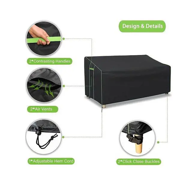 Alt view image 3 of 5 - Black Outdoor Double Bench Cover, All Weather Waterproof Patio Bench Protector with Green Piping