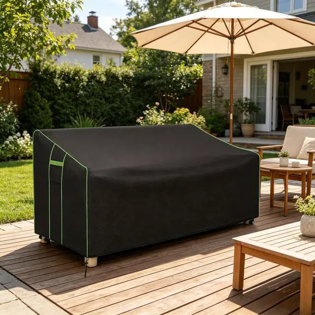 Alt view image 5 of 5 - Black Outdoor Double Bench Cover, All Weather Waterproof Patio Bench Protector with Green Piping