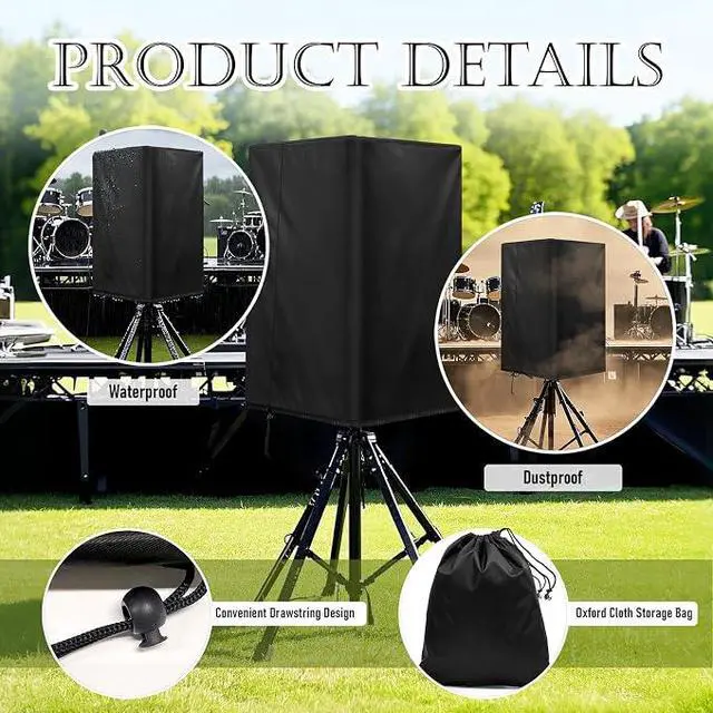 Alt view image 5 of 7 - Black StandMount Speaker Protective Cover, Weatherproof Oxford Fabric Speaker Cover with Adjustable Drawstring, Dust Rain UV Resistant for Outdoor Stage Patio Speakers
